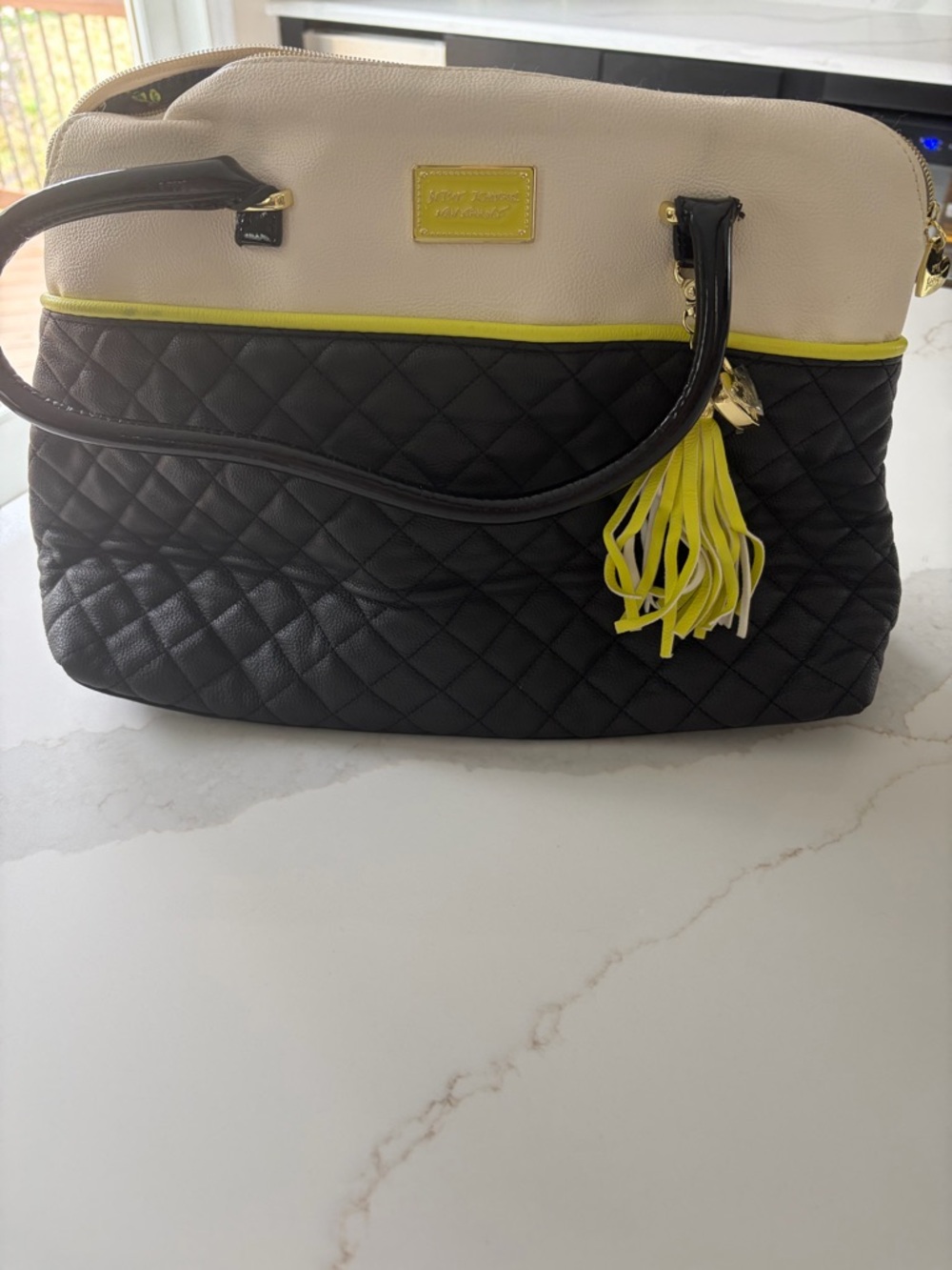 Betsey Johnson Black, Cream & Lime Quilted Tote